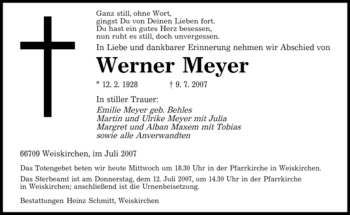 Traueranzeige von Werner Meyer von SAARBRÜCKER ZEITUNG