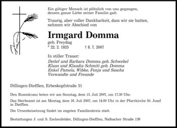 Traueranzeige von Irmgard Domma von SAARBRÜCKER ZEITUNG