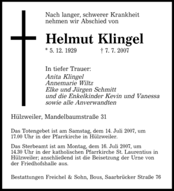 Traueranzeige von Helmut Klingel von SAARBRÜCKER ZEITUNG