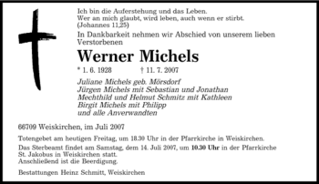 Traueranzeige von Werner Michels von SAARBRÜCKER ZEITUNG
