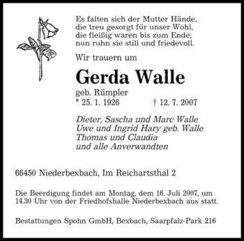 Traueranzeige von Gerda Walle von SAARBRÜCKER ZEITUNG