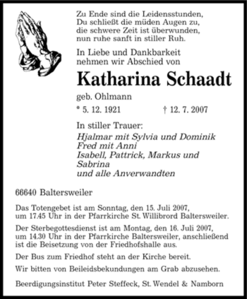 Traueranzeige von Katharina Schaadt von SAARBRÜCKER ZEITUNG