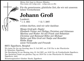Traueranzeige von Johann Groß von SAARBRÜCKER ZEITUNG