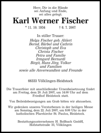 Traueranzeige von Karl Werner Fischer von SAARBRÜCKER ZEITUNG