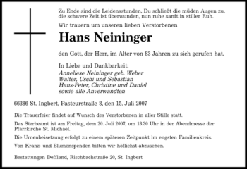 Traueranzeige von Hans Neininger von SAARBRÜCKER ZEITUNG