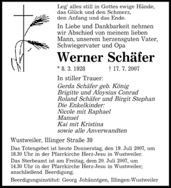 Traueranzeige von Werner Schäfer von SAARBRÜCKER ZEITUNG