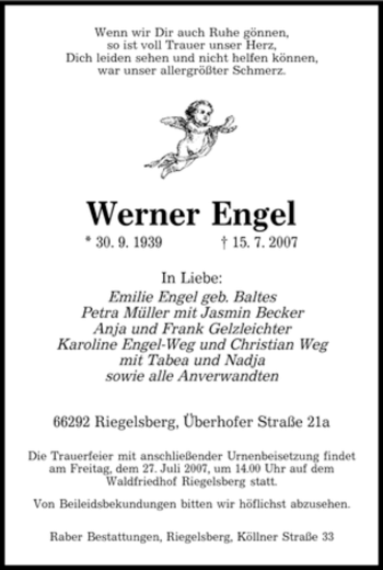 Traueranzeige von Werner Engel von SAARBRÜCKER ZEITUNG