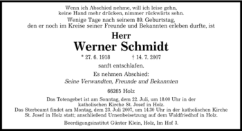 Traueranzeige von Werner Schmidt von SAARBRÜCKER ZEITUNG