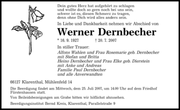 Traueranzeige von Werner Dernbecher von SAARBRÜCKER ZEITUNG
