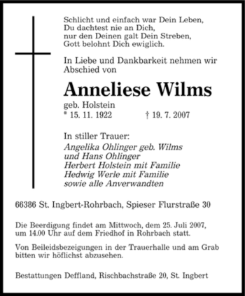 Traueranzeige von Anneliese Wilms von SAARBRÜCKER ZEITUNG