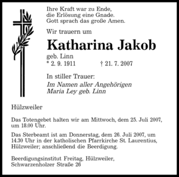Traueranzeige von Katharina Jakob von SAARBRÜCKER ZEITUNG