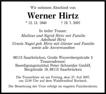 Traueranzeige von Werner Hirtz von SAARBRÜCKER ZEITUNG