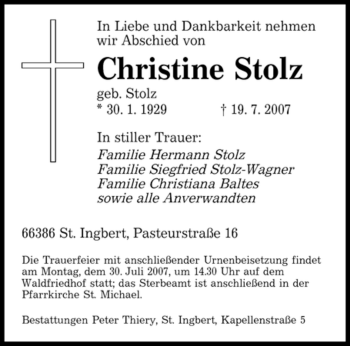 Traueranzeige von Christine Stolz von SAARBRÜCKER ZEITUNG