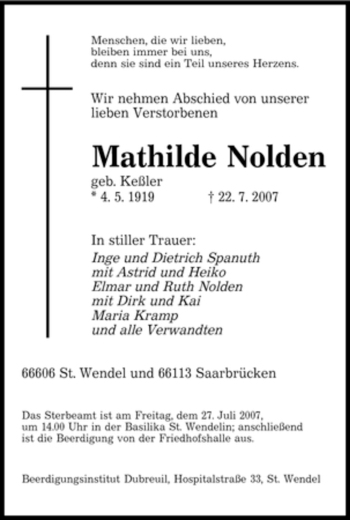 Traueranzeige von Mathilde Nolden von SAARBRÜCKER ZEITUNG