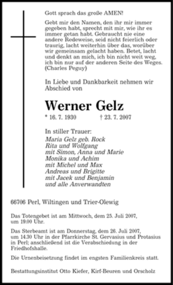 Traueranzeige von Werner Gelz von SAARBRÜCKER ZEITUNG