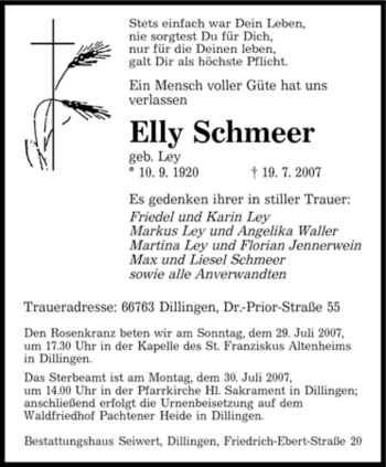 Traueranzeige von Elly Schmeer von SAARBRÜCKER ZEITUNG