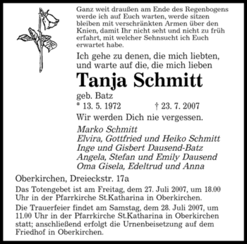 Traueranzeige von Tanja Schmitt von SAARBRÜCKER ZEITUNG