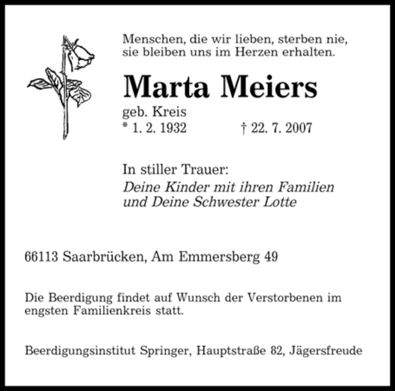  Traueranzeige für Marta Meiers vom 26.07.2007 aus SAARBRÜCKER ZEITUNG