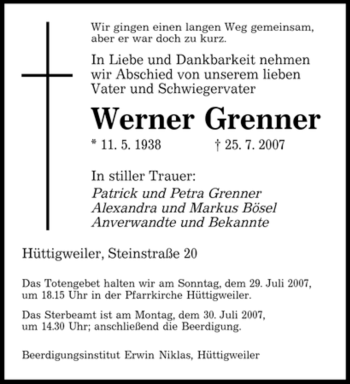 Traueranzeige von Werner Grenner von SAARBRÜCKER ZEITUNG
