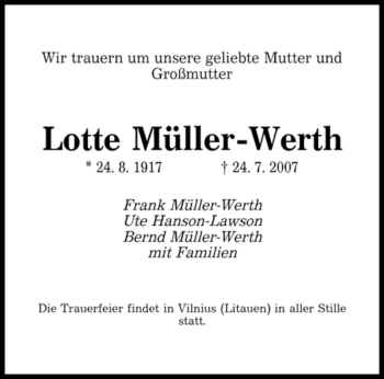 Traueranzeige von Lotte Müller-Werth von SAARBRÜCKER ZEITUNG