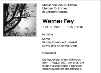 Traueranzeige von Werner Fey von SAARBRÜCKER ZEITUNG