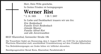 Traueranzeige von Werner Rist von SAARBRÜCKER ZEITUNG
