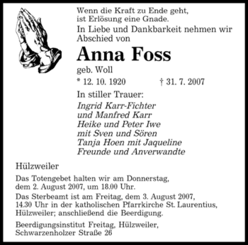 Traueranzeige von Anna Foss von SAARBRÜCKER ZEITUNG