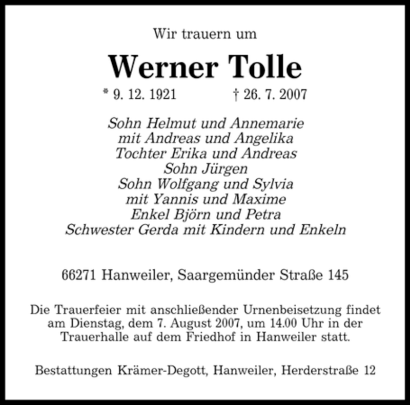  Traueranzeige für Werner Tolle vom 04.08.2007 aus SAARBRÜCKER ZEITUNG