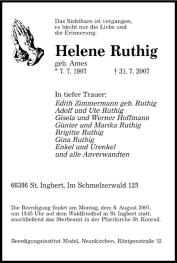 Traueranzeige von Helene Ruthig von SAARBRÜCKER ZEITUNG