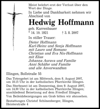 Traueranzeige von Hedwig Hoffmann von SAARBRÜCKER ZEITUNG