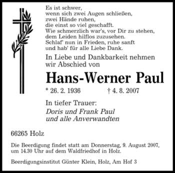 Traueranzeige von Hans-Werner Paul von SAARBRÜCKER ZEITUNG