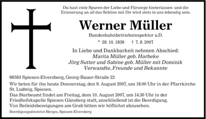  Traueranzeige für Werner Müller vom 09.08.2007 aus SAARBRÜCKER ZEITUNG