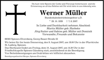 Traueranzeige von Werner Müller von SAARBRÜCKER ZEITUNG