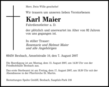 Traueranzeige von Karl Maier von SAARBRÜCKER ZEITUNG