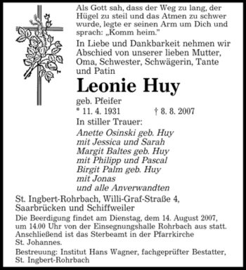 Traueranzeige von Leonie Huy von SAARBRÜCKER ZEITUNG