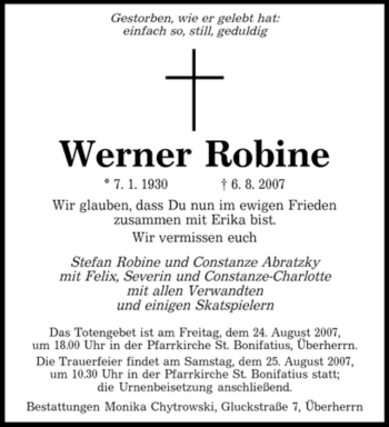 Traueranzeige von Werner Robine von SAARBRÜCKER ZEITUNG