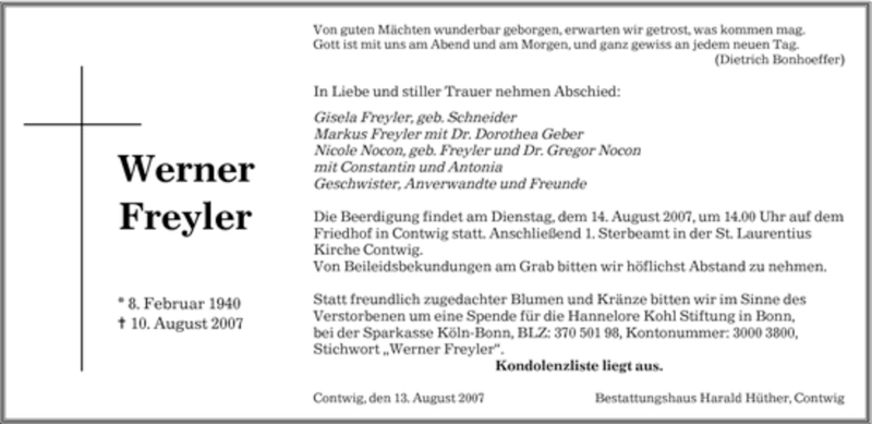  Traueranzeige für Werner Freyler vom 13.08.2007 aus SAARBRÜCKER ZEITUNG