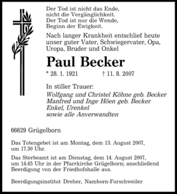 Traueranzeige von Paul Becker von SAARBRÜCKER ZEITUNG