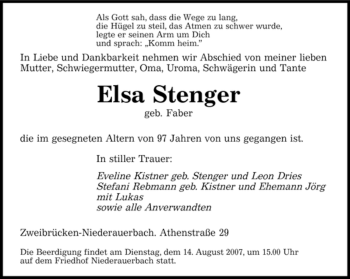 Traueranzeige von Elsa Stenger von SAARBRÜCKER ZEITUNG