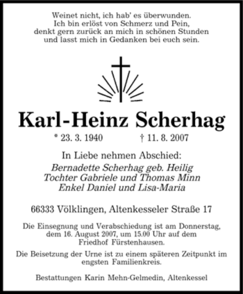 Traueranzeige von Karl-Heinz Scherhag von SAARBRÜCKER ZEITUNG