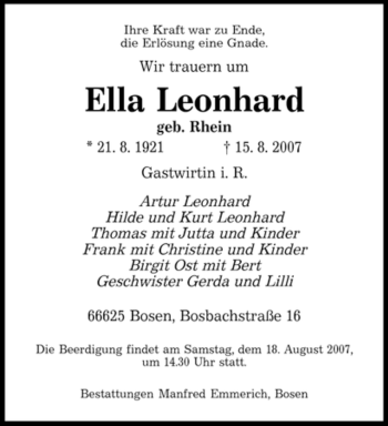 Traueranzeige von Ella Leonhard von SAARBRÜCKER ZEITUNG