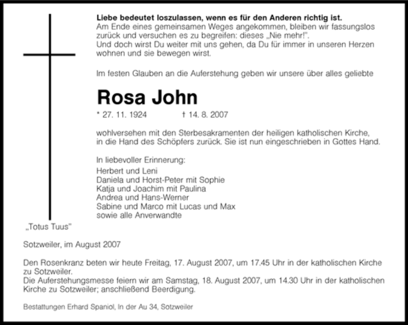  Traueranzeige für Rosa John vom 17.08.2007 aus SAARBRÜCKER ZEITUNG