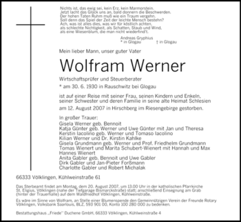 Traueranzeige von Wolfram Werner von SAARBRÜCKER ZEITUNG