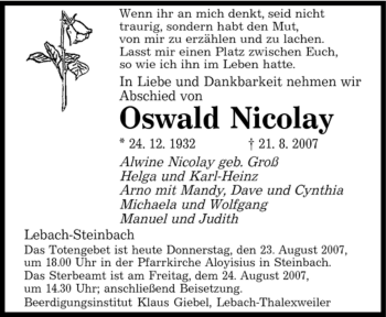 Traueranzeige von Oswald Nicolay von SAARBRÜCKER ZEITUNG