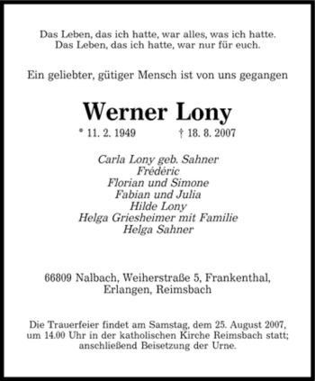 Traueranzeige von Werner Lony von SAARBRÜCKER ZEITUNG