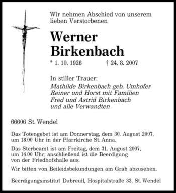 Traueranzeige von Werner Birkenbach von SAARBRÜCKER ZEITUNG