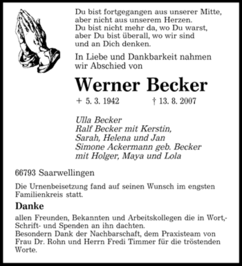 Traueranzeige von Becker Werner von SAARBRÜCKER ZEITUNG