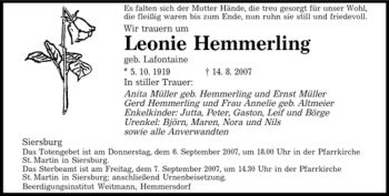 Traueranzeige von Leonie Hemmerling von SAARLAND WEST