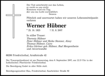 Traueranzeige von Werner Hübner von STADTVERBAND SAARBRÜCKEN