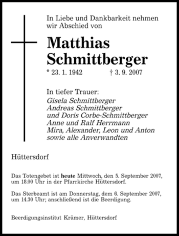 Traueranzeige von Matthias Schmittberger von SAARLAND WEST